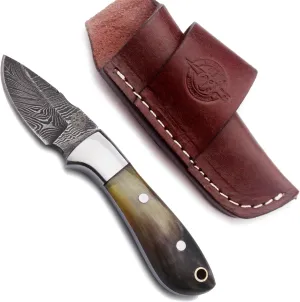 | Handmade Damascus Steel Fixed Blade Knife | Full Tang Bone Handle | Premium Cow Hide Leather Sheath | Ultimate EDC Knife Ideal for Fishing, Hunting, Camping, Bushcraft, Skinning & Survival | Bone Hunter