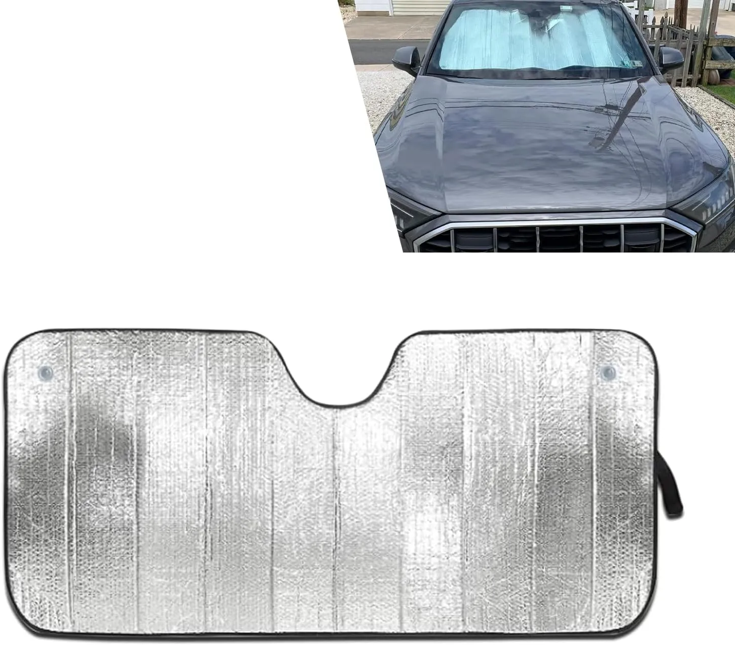 1 PC Car Front Windshield Sunshade, 57.08" x 27.55" Hollow Bubble Dovetail Suction Cup Mounted Reflective UV Sunshade with Storage Bag, Foldable Easy to Store Accessories, for Cars (Silver)