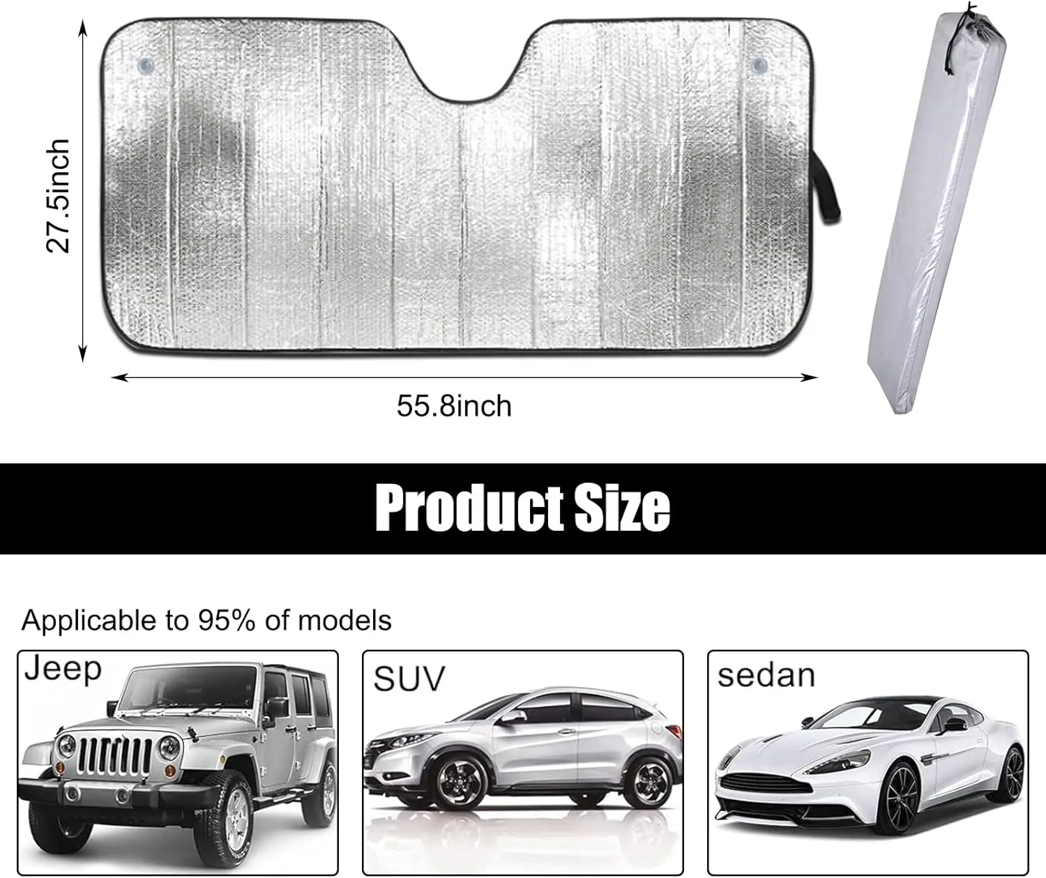 1 PC Car Front Windshield Sunshade, 57.08" x 27.55" Hollow Bubble Dovetail Suction Cup Mounted Reflective UV Sunshade with Storage Bag, Foldable Easy to Store Accessories, for Cars (Silver)
