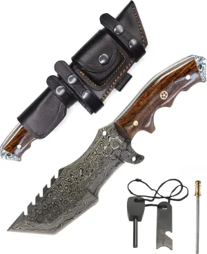 10.5” Handmade Damascus knife- Fixed Blade Hunting Knife with Sheath-Rosewood Handle-Bushcraft knife-Survival Knife-Camping knife- Ideal For EDC, skinning, Camping, Outdoor-Best Hunting Knives For Men.