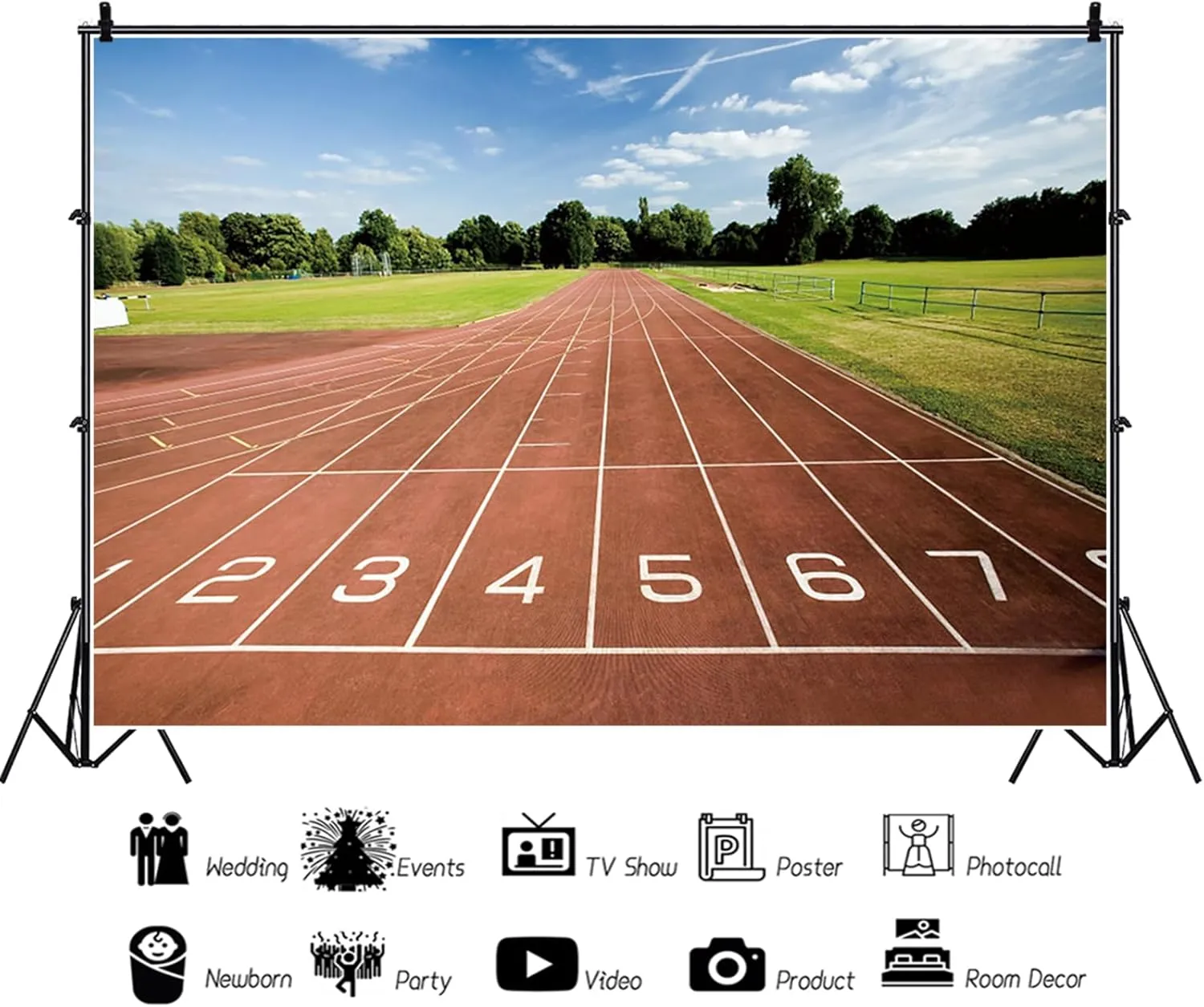 10x6.5ft Running Track Backdrop Red Runway Green Lawn Photography Background Athletics Match Starting Line Banner Decorations School Track and Field Athletics Photo Booth Props