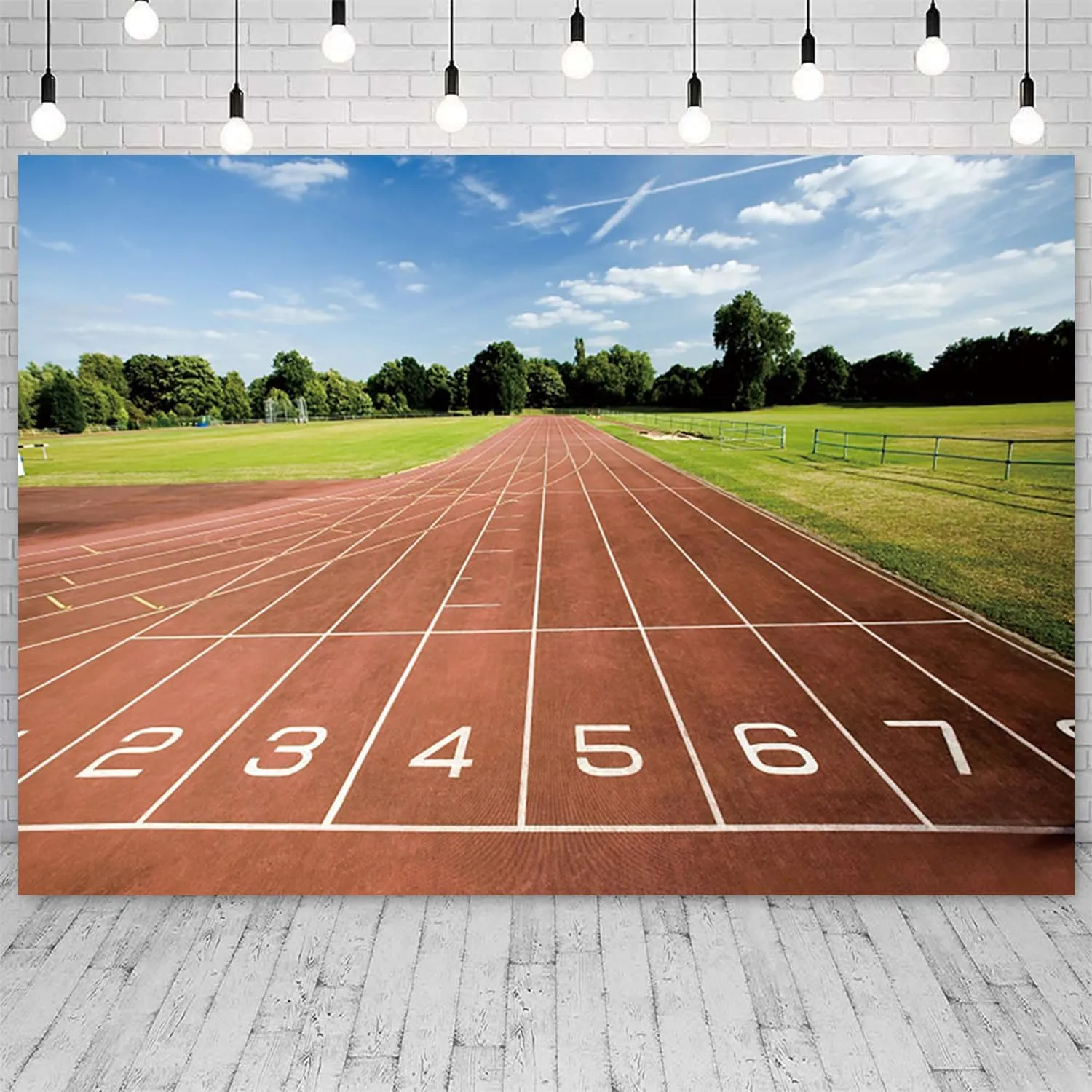 10x6.5ft Running Track Backdrop Red Runway Green Lawn Photography Background Athletics Match Starting Line Banner Decorations School Track and Field Athletics Photo Booth Props