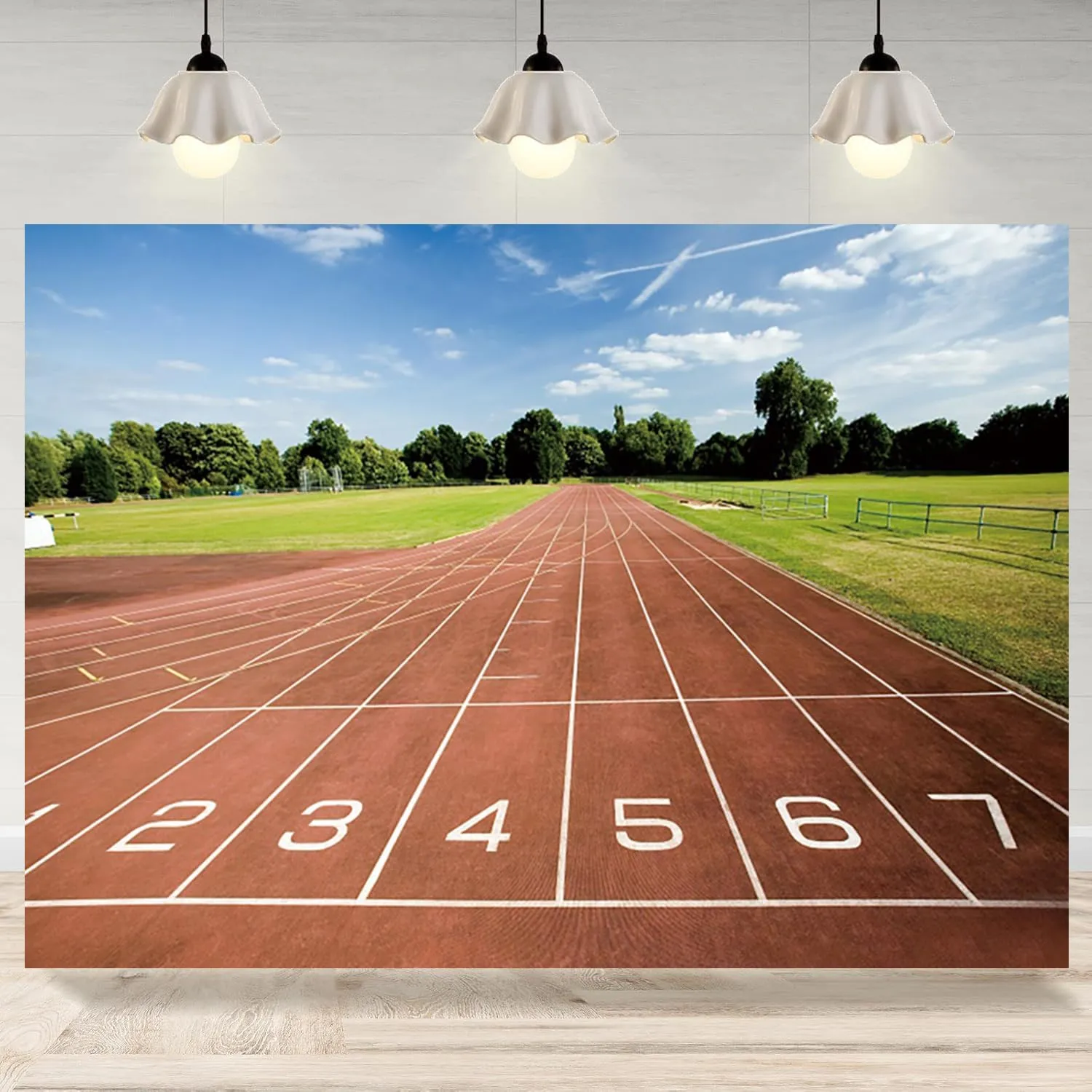 10x6.5ft Running Track Backdrop Red Runway Green Lawn Photography Background Athletics Match Starting Line Banner Decorations School Track and Field Athletics Photo Booth Props
