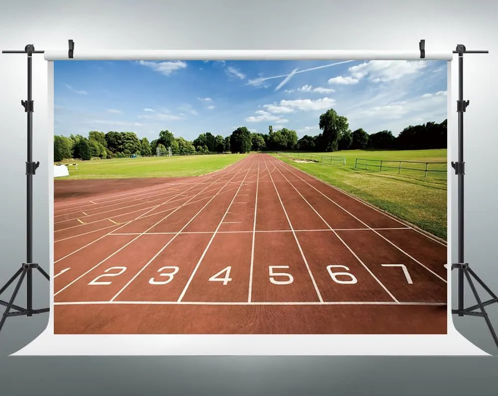 10x6.5ft Running Track Backdrop Red Runway Green Lawn Photography Background Athletics Match Starting Line Banner Decorations School Track and Field Athletics Photo Booth Props