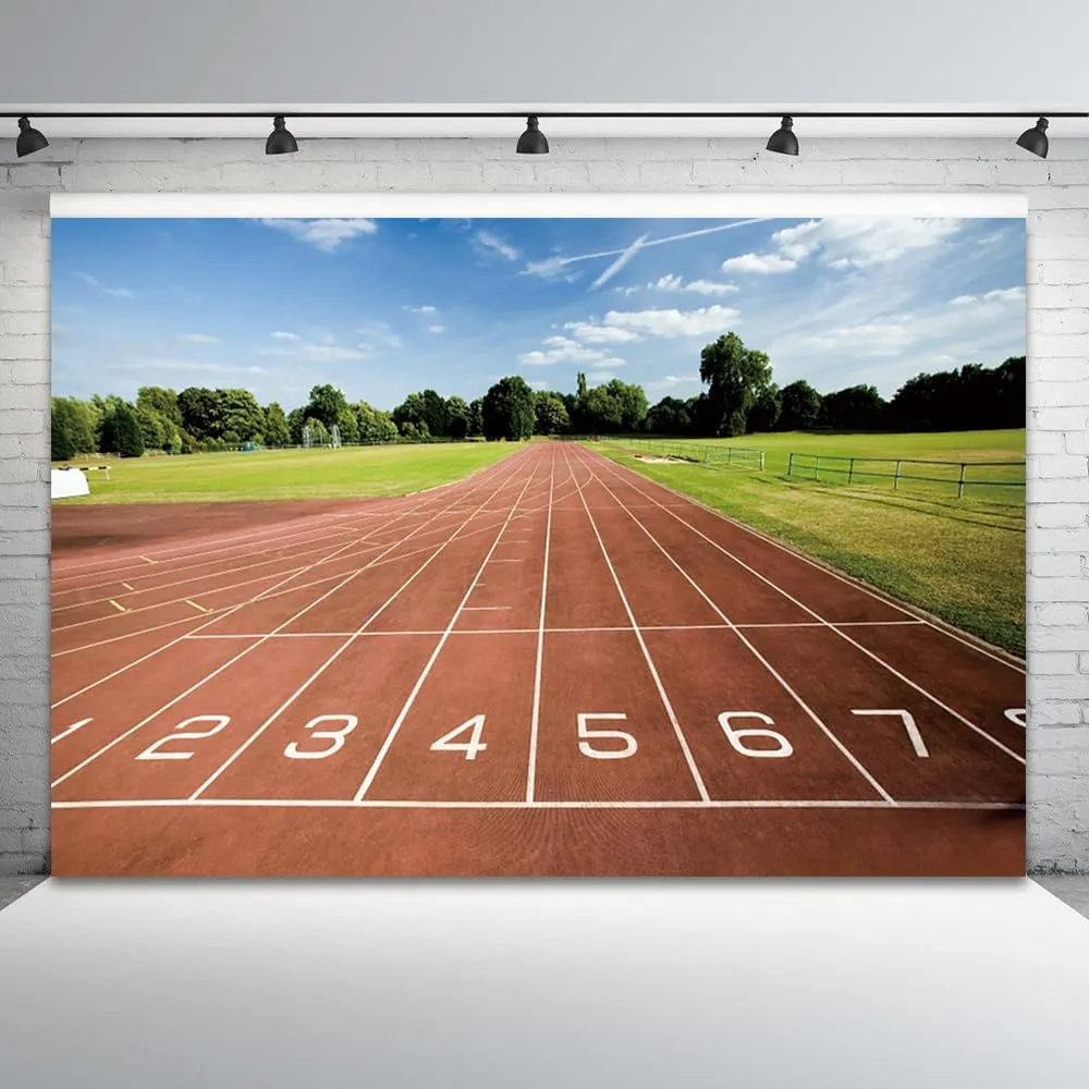 10x6.5ft Running Track Backdrop Red Runway Green Lawn Photography Background Athletics Match Starting Line Banner Decorations School Track and Field Athletics Photo Booth Props