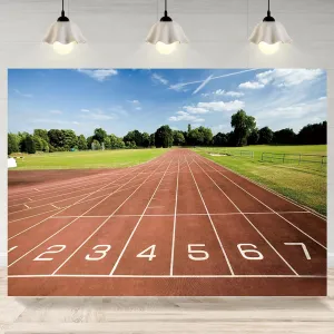 10x6.5ft Running Track Backdrop Red Runway Green Lawn Photography Background Athletics Match Starting Line Banner Decorations School Track and Field Athletics Photo Booth Props