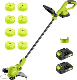 12-inch 20V Cordless String Trimmer with Fast Charger, 2 X 2.0Ah Battery Powered with Auto Line Feed, Lawn Edger with 8 Pcs Grass Cutter Spool Line and 2 Spool Cap