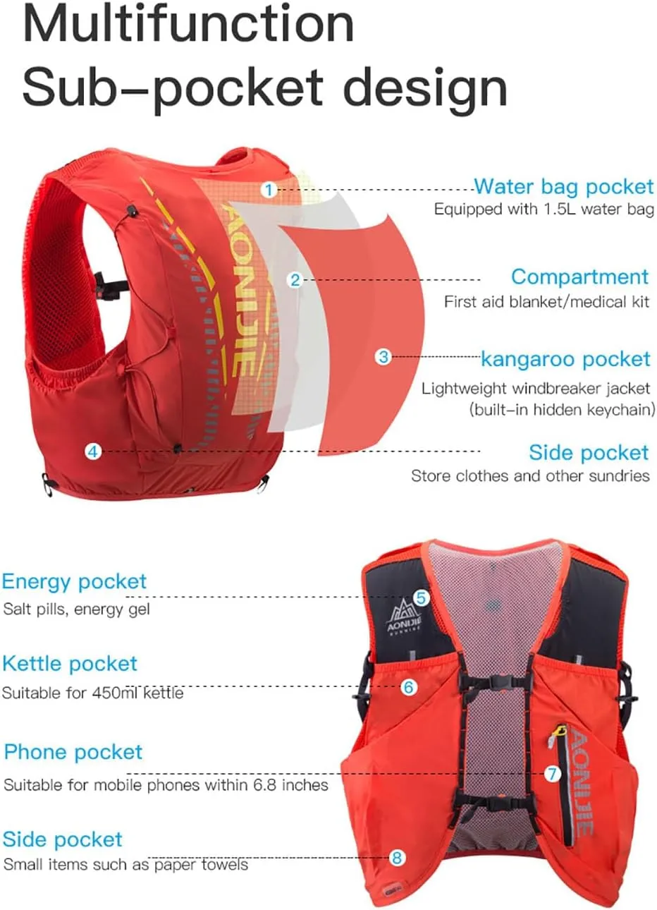 12L High Capacity Hydration Backpack with 8 Pockets Lightweight Trail Running Vest for Hiking, Cycling, Climbing, Camping