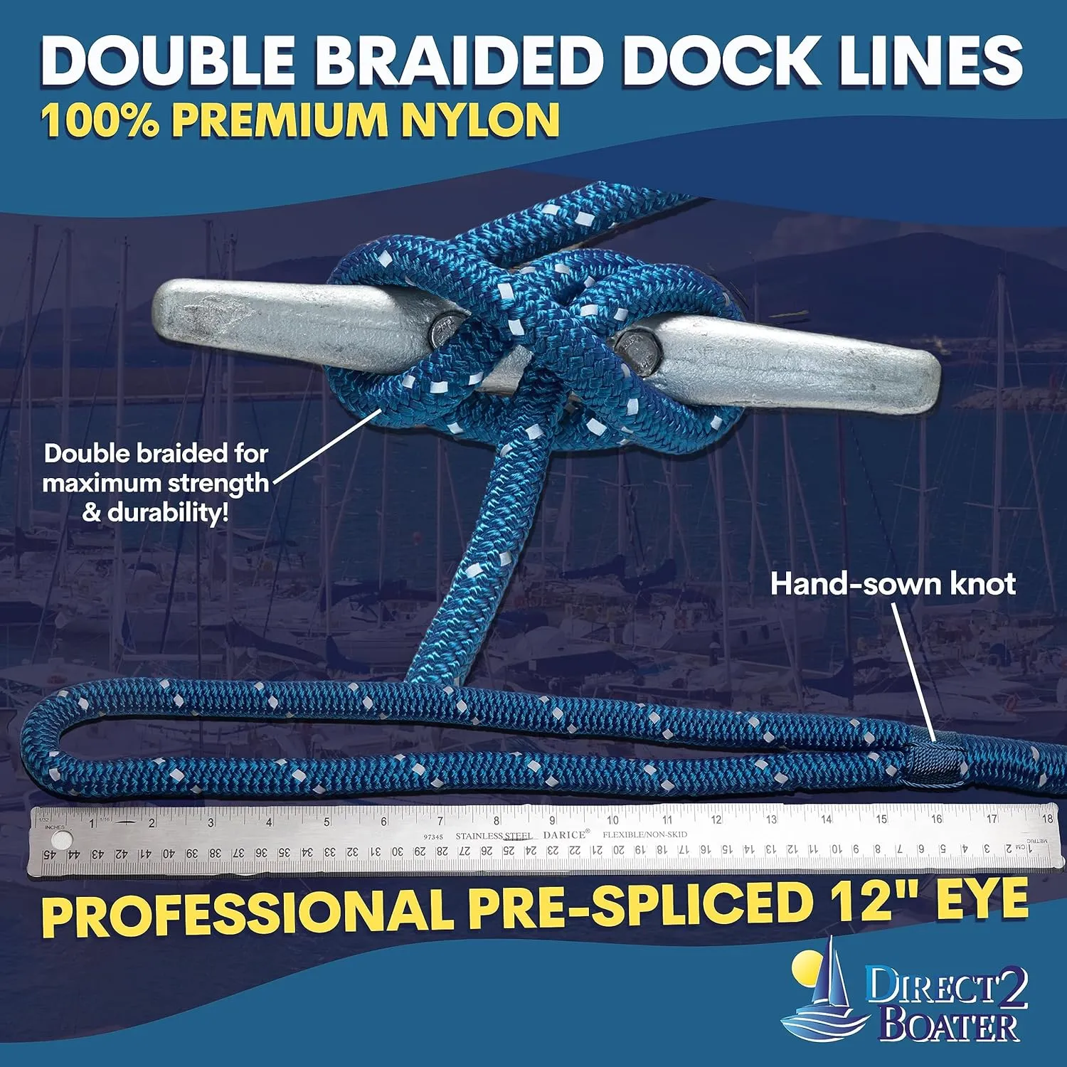 1/2" x 20' Royal Blue - (2 Pack) - Reflective Double Braided Nylon Dock Line - for Boats up to 35' - Long Lasting Mooring Rope - Strong Nylon Dock Ropes for Boats - Marine Grade Sailboat Docking Rope