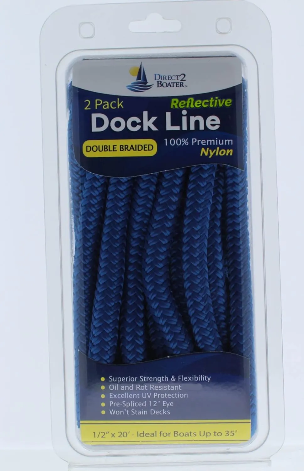 1/2" x 20' Royal Blue - (2 Pack) - Reflective Double Braided Nylon Dock Line - for Boats up to 35' - Long Lasting Mooring Rope - Strong Nylon Dock Ropes for Boats - Marine Grade Sailboat Docking Rope