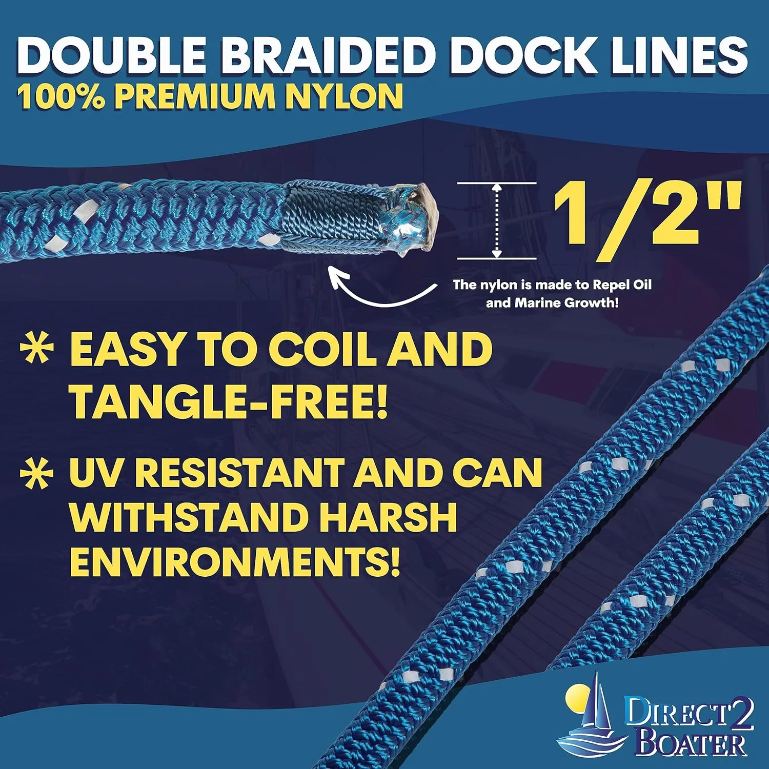 1/2" x 20' Royal Blue - (2 Pack) - Reflective Double Braided Nylon Dock Line - for Boats up to 35' - Long Lasting Mooring Rope - Strong Nylon Dock Ropes for Boats - Marine Grade Sailboat Docking Rope