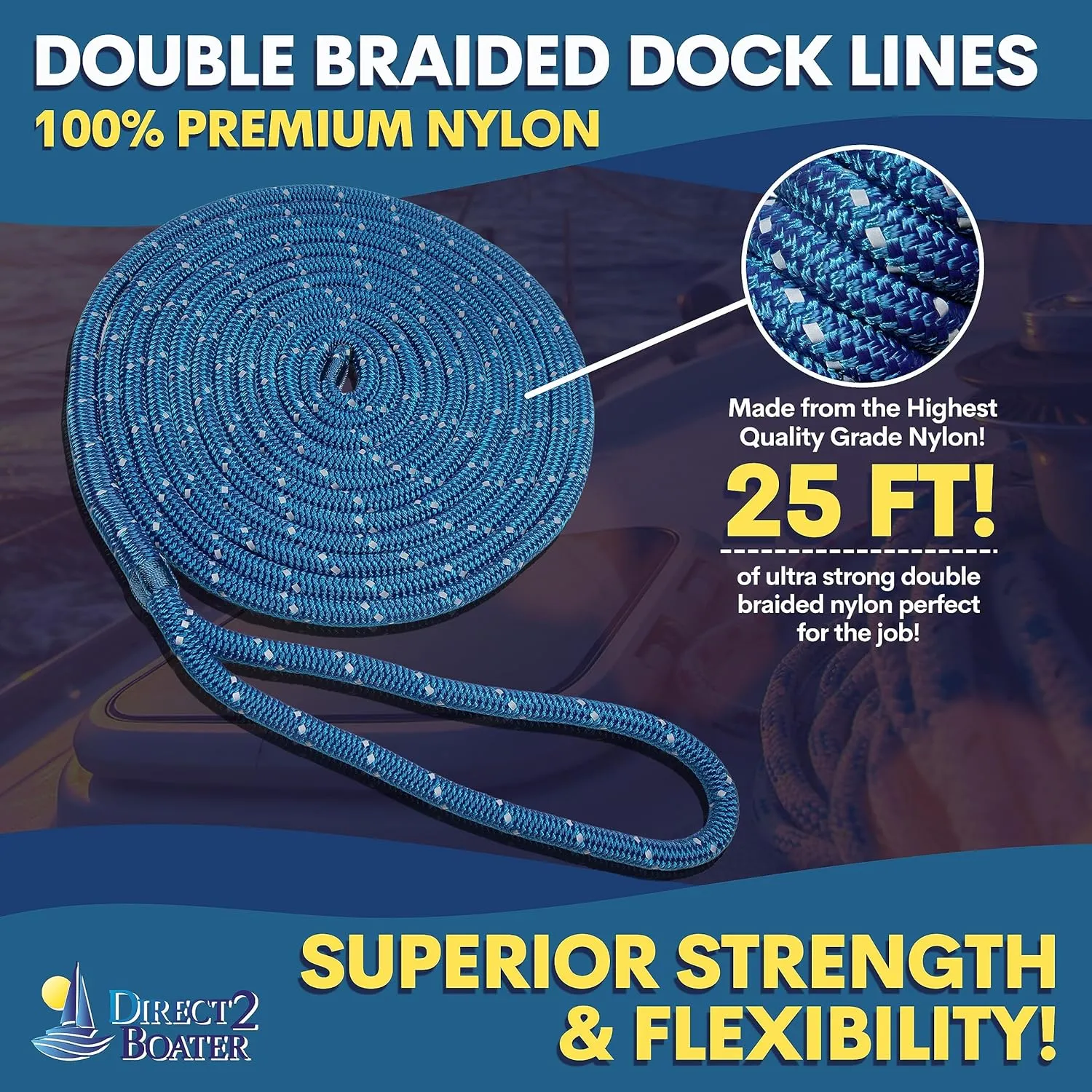 1/2" x 20' Royal Blue - (2 Pack) - Reflective Double Braided Nylon Dock Line - for Boats up to 35' - Long Lasting Mooring Rope - Strong Nylon Dock Ropes for Boats - Marine Grade Sailboat Docking Rope