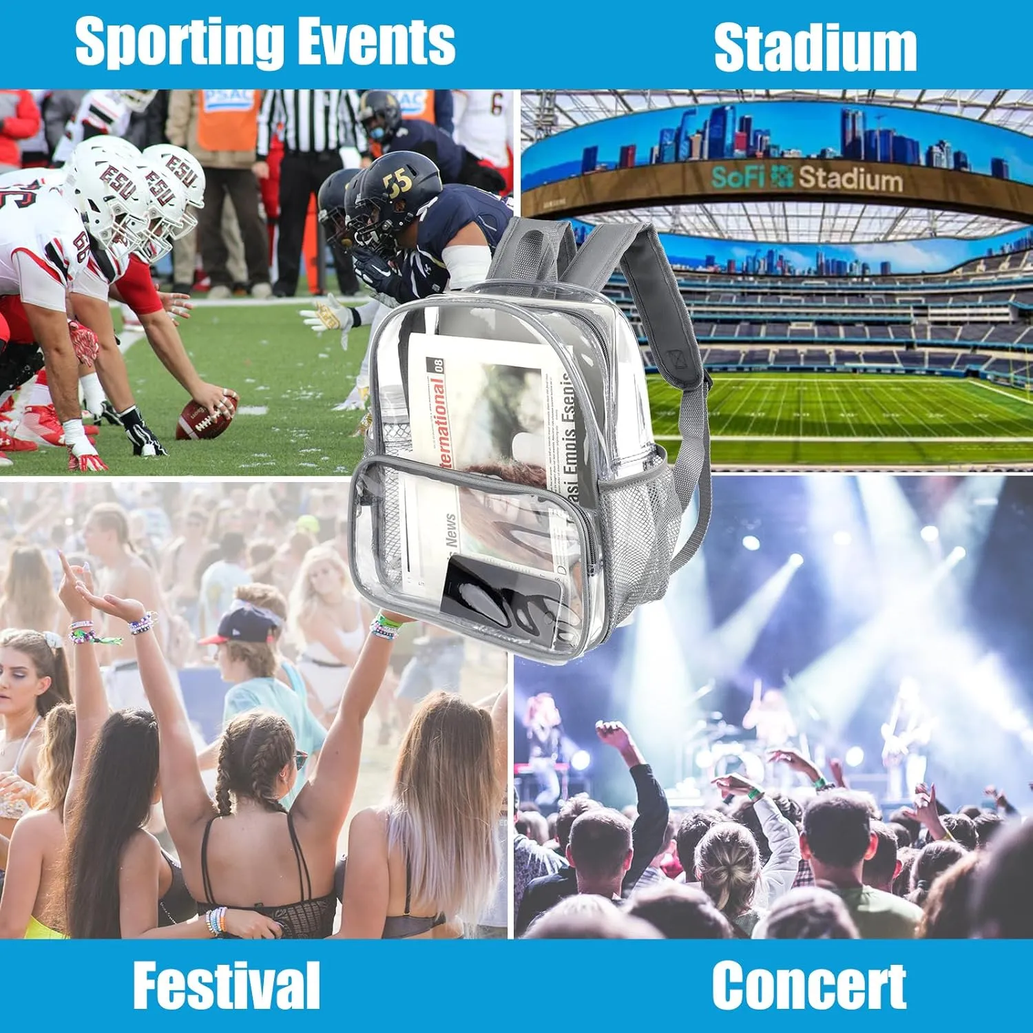 12x6x12 Clear Backpack Stadium Approved with Reinforced Straps,Mini Small Clear Bag for Stadium Events,Festival,Concerts,Sporting Events,Game-Gray