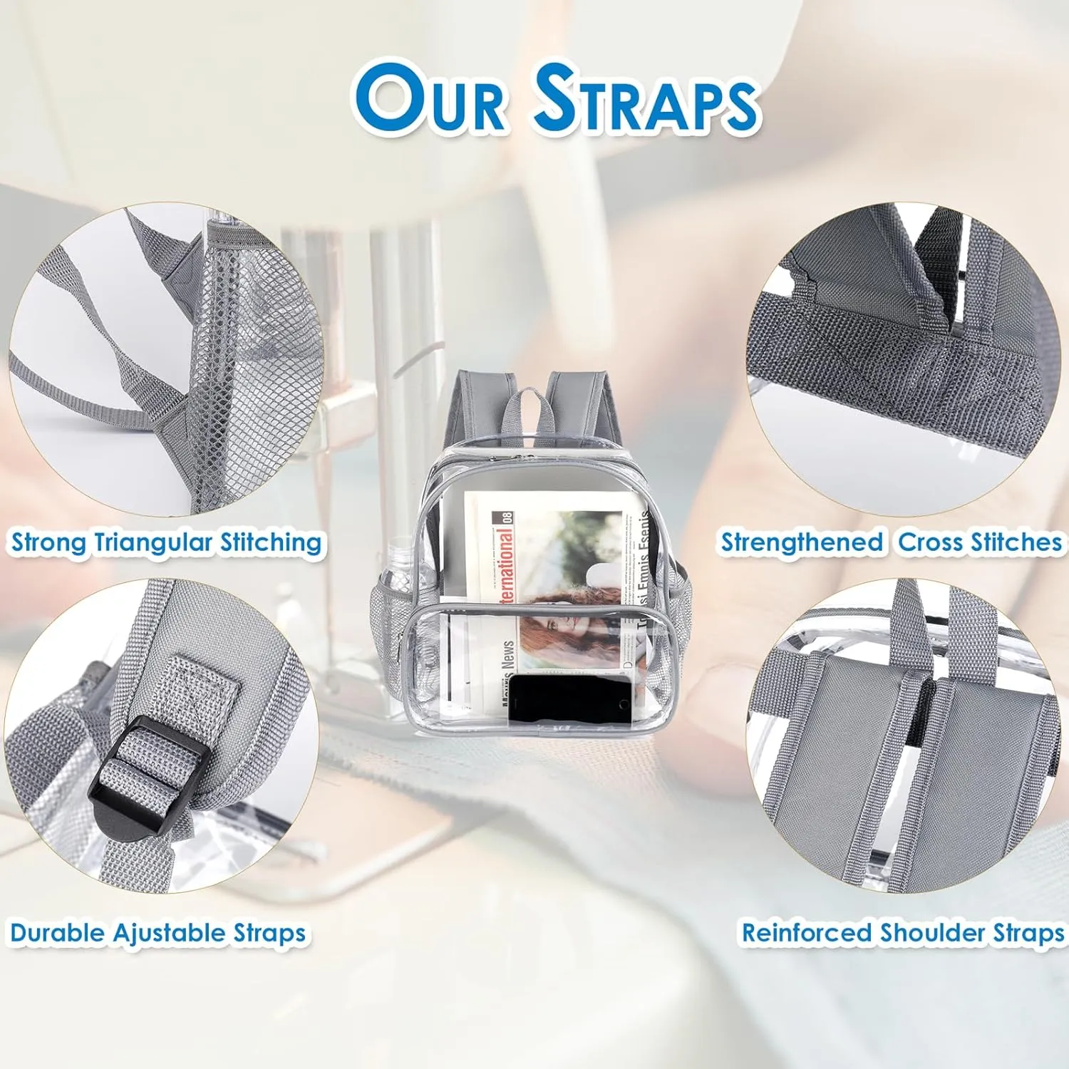 12x6x12 Clear Backpack Stadium Approved with Reinforced Straps,Mini Small Clear Bag for Stadium Events,Festival,Concerts,Sporting Events,Game-Gray