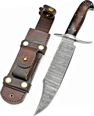 13-inch Bowie Knife, Full Tang Fixed Blade, Wood Handle Damascus Steel Hunting Knife with Scout Horizontal Carry Leather Sheath for Camping, Hiking, Survival (Walnut Wood)