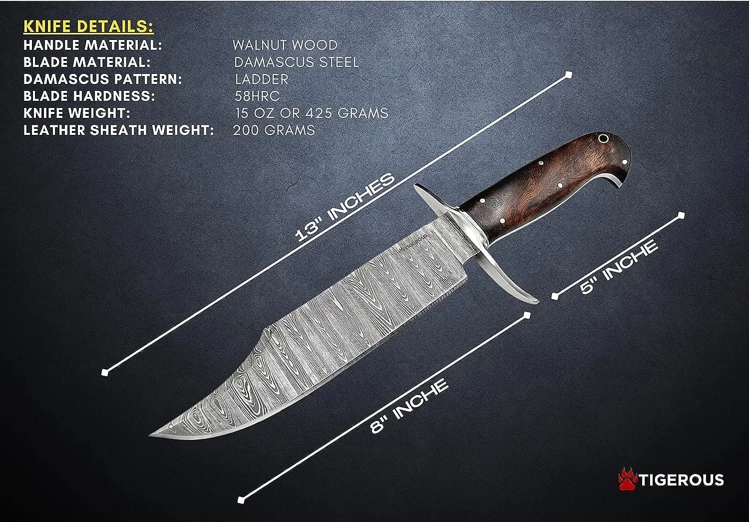13-inch Bowie Knife, Full Tang Fixed Blade, Wood Handle Damascus Steel Hunting Knife with Scout Horizontal Carry Leather Sheath for Camping, Hiking, Survival (Walnut Wood)
