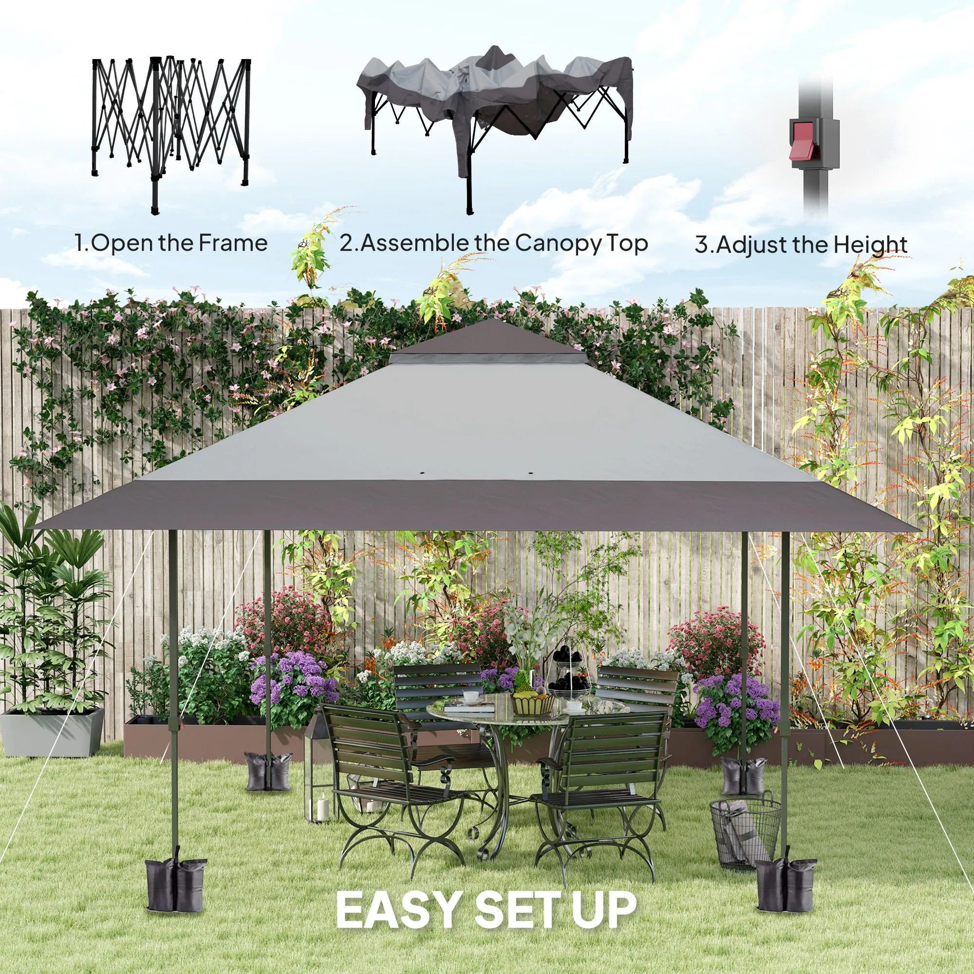 13' x 13' Pop Up Canopy Tent, UPF50  Sun Protection, Height Adjustable with Sand Bags, Gray
