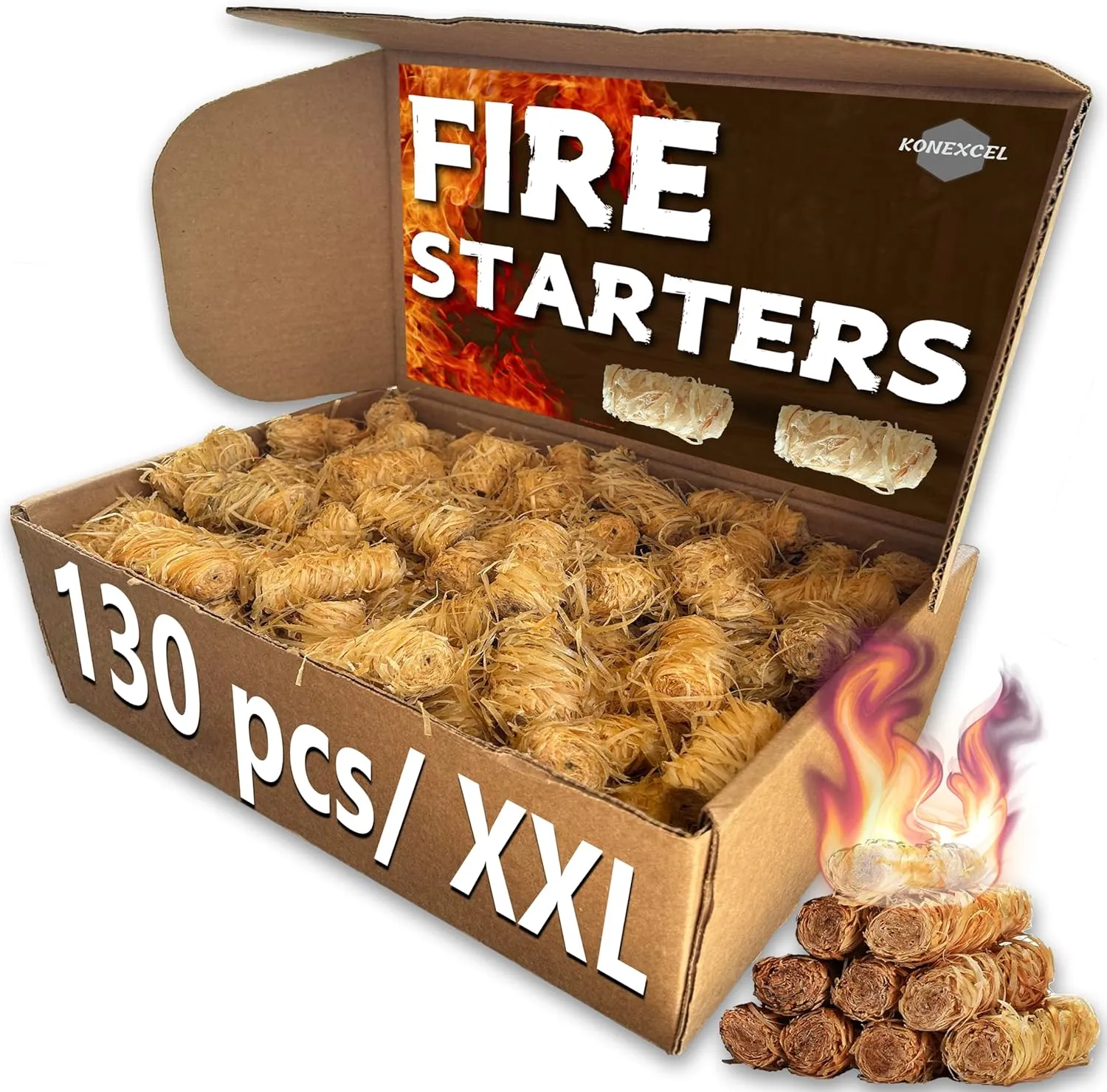 130 pcs Fire Starter, Natural Fire Starters for Fireplace, BBQ, Chimney, Pizza Oven - Fire Starters for Grill, Charcoal Starter, Pellet Stove & Wood, Fire Pit, Smoker,