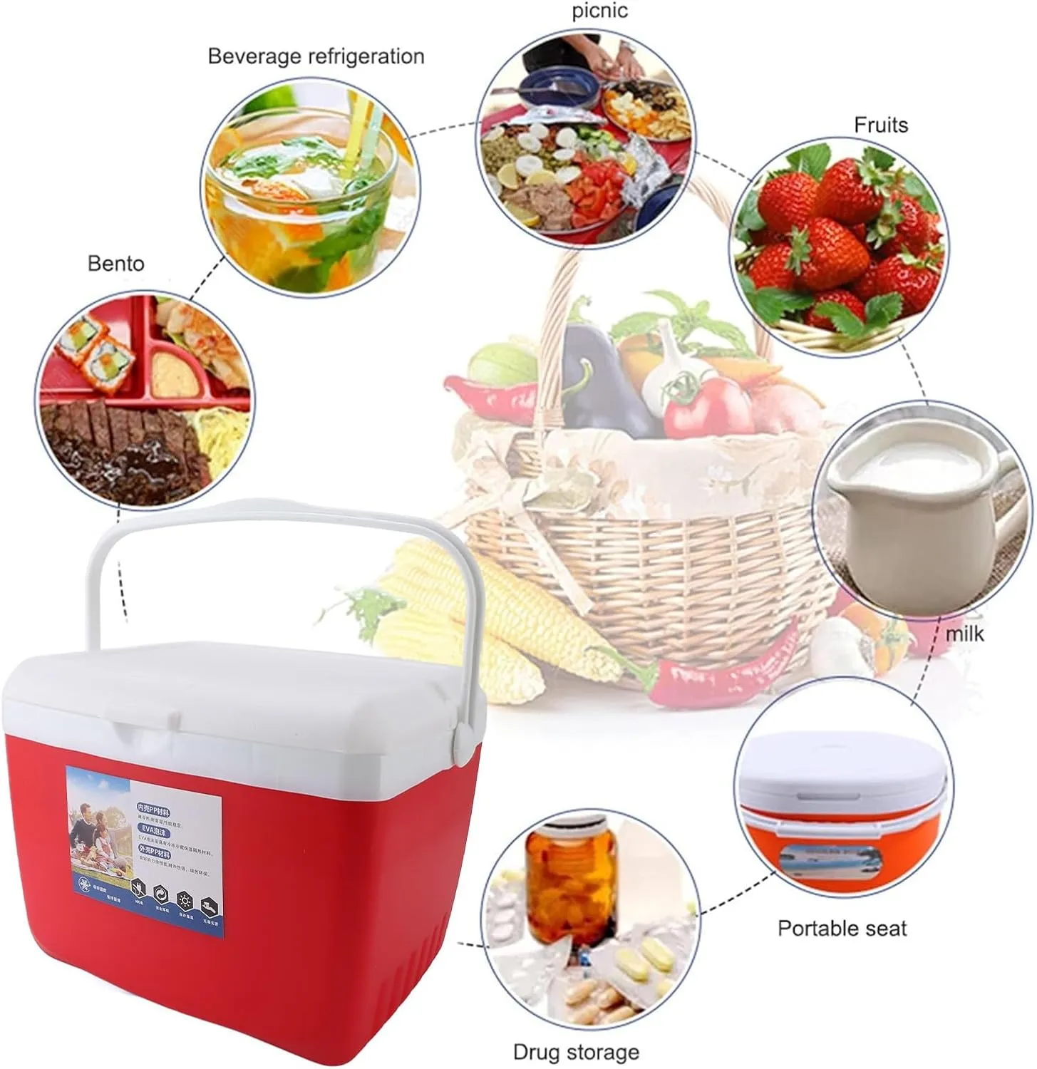 13L Cool Box Insulated Food Box Cooler Box with Carry Handle Portable Freezer Box for Picnics Lid Technology Cooler Box for Picnics Camping BBQ