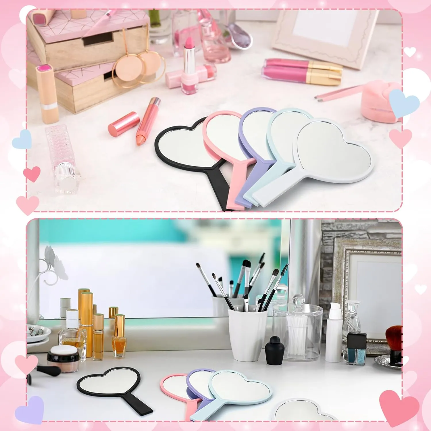 15 Pcs Heart Shaped Handheld Mirror Small Travel Makeup Mirrors with Handle Mini Heart Bulk Plastic Cosmetic Gift for Women (Bright Color)