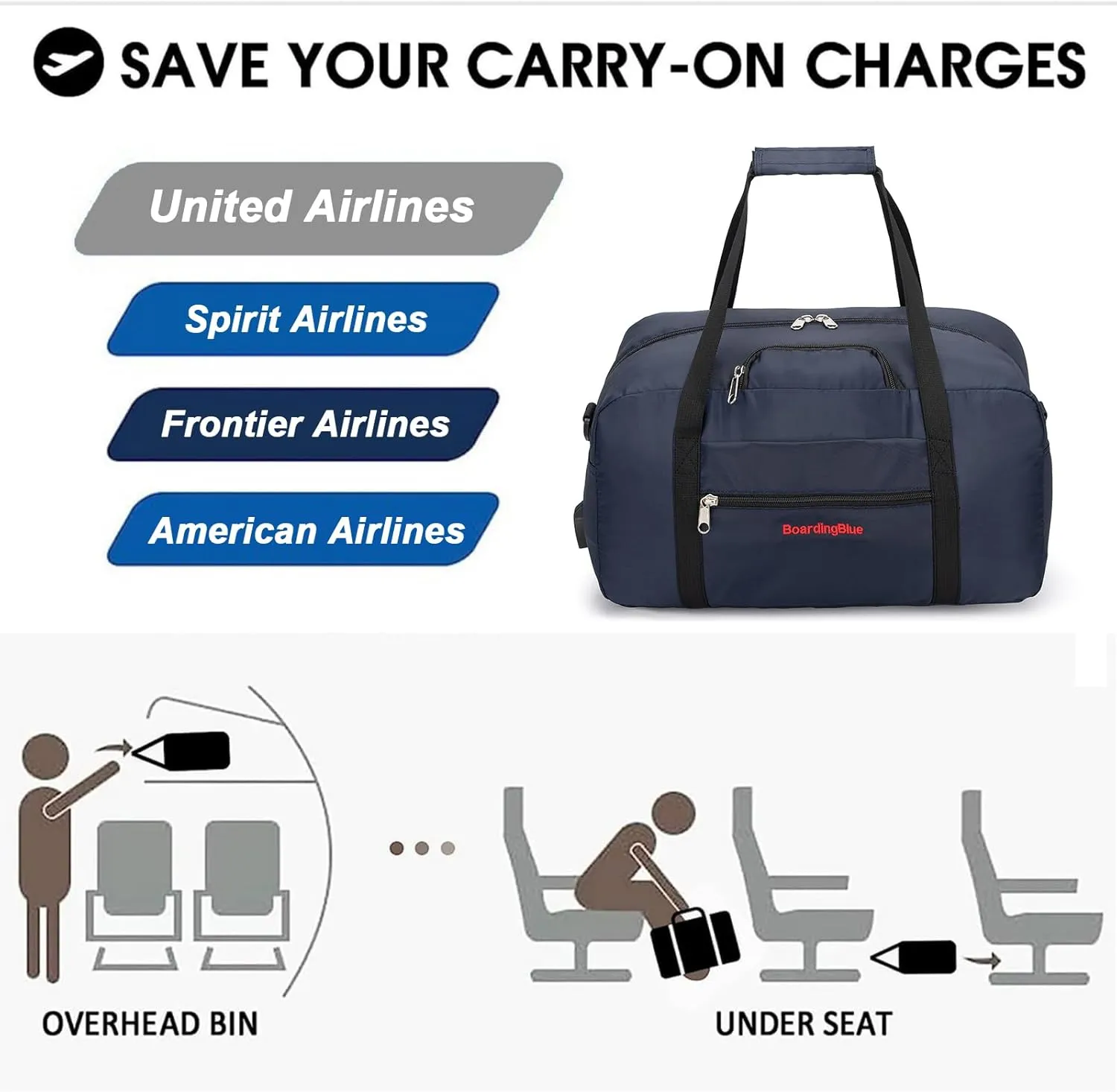 17x10x9 United Airline Personal Item Under Seat Duffel Bag With Free Pillow And USB Port (Navy)