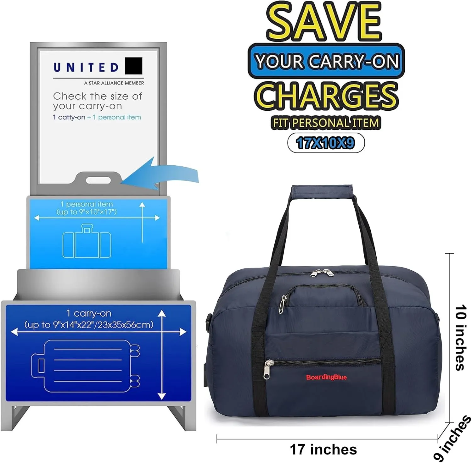 17x10x9 United Airline Personal Item Under Seat Duffel Bag With Free Pillow And USB Port (Navy)