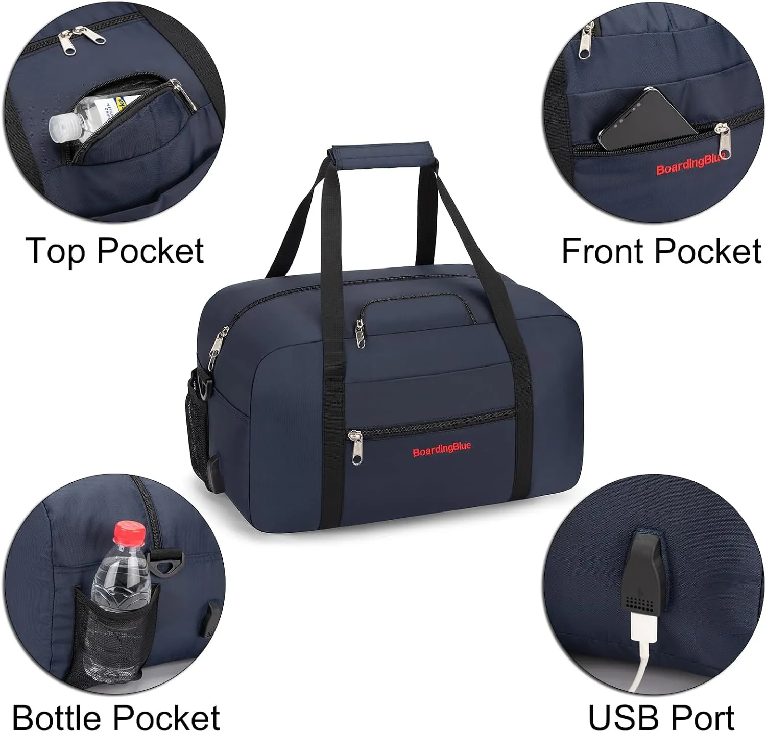 17x10x9 United Airline Personal Item Under Seat Duffel Bag With Free Pillow And USB Port (Navy)