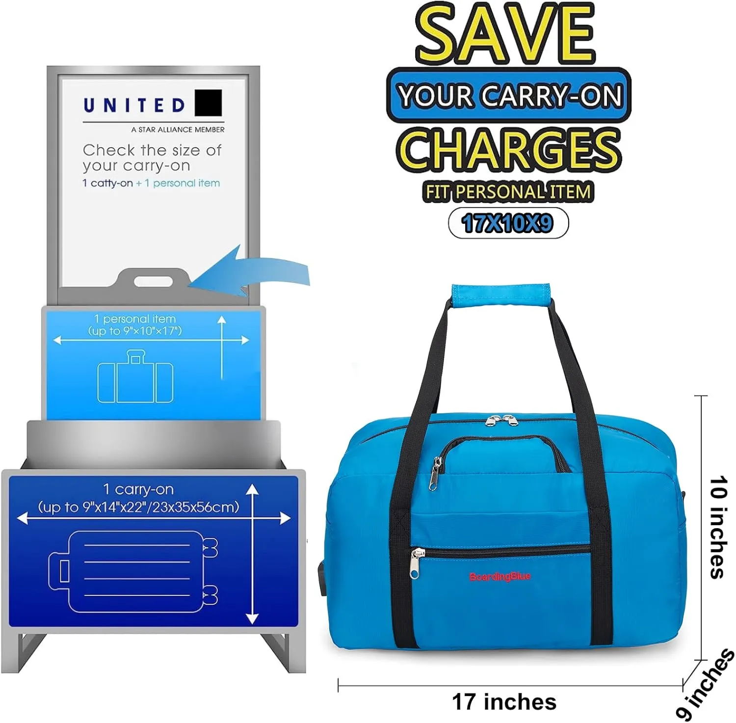 17x10x9 United Airline Personal Item Under Seat Duffel Bag With Free Pillow And USB Port (Royal Blue)