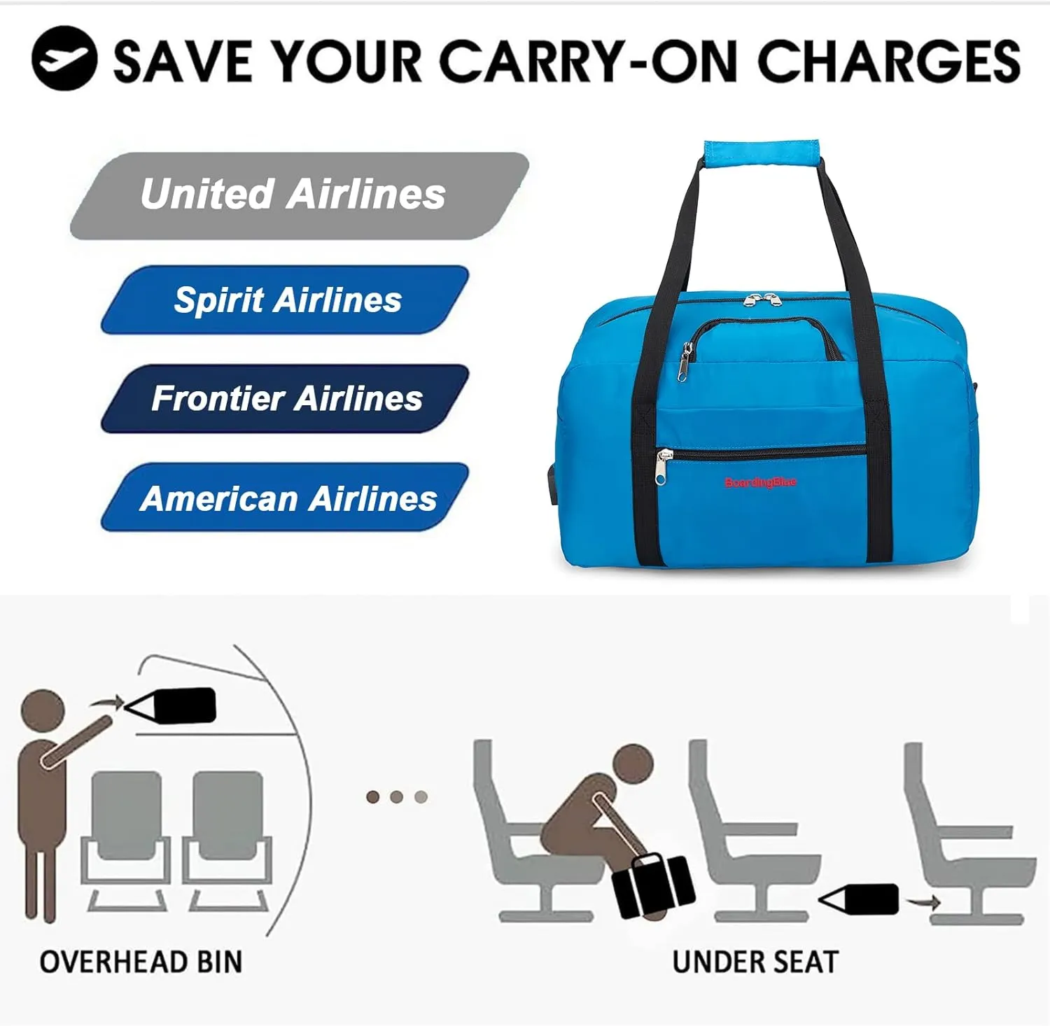 17x10x9 United Airline Personal Item Under Seat Duffel Bag With Free Pillow And USB Port (Royal Blue)