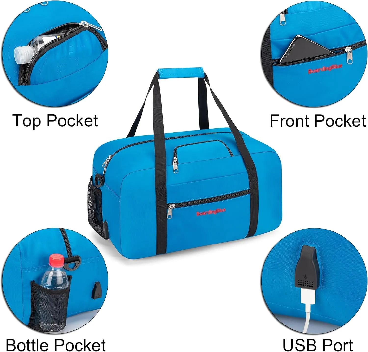 17x10x9 United Airline Personal Item Under Seat Duffel Bag With Free Pillow And USB Port (Royal Blue)