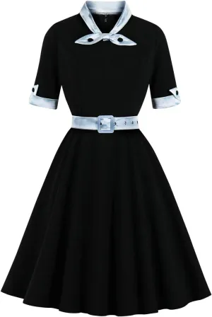 1950s Dresses for Women Vintage Rockabilly Retro Short Sleeve Tie Midi Dress Cocktail Party Evening Prom Gown