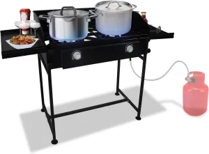 2 burner propane stove outdoor Gas stove - 150,000 High btu Propane Burner Camping Stove W/Dual Side Shelf & Wind Panel Double burner Propane Stove outdoor - W/CSA-approved 0-20 PSI regulator & hose.