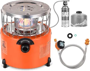 2 in 1 Portable Propane Camping Stove and Heater, Mini Cooking Stove with Hose Connector, Outdoor Propane Heater Gas Stove for Patio, Tent, Ice Fishing, Emergency Use Burner
