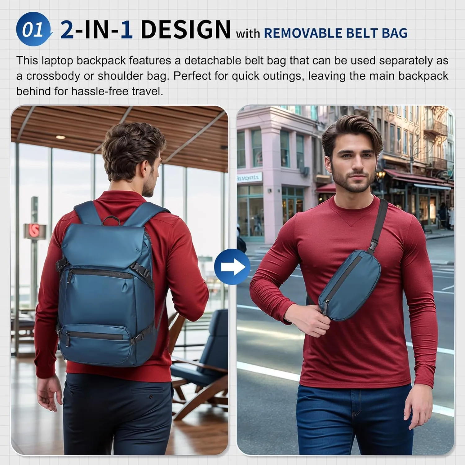 2 in 1 Travel Backpack, Lightweight Fit in 17" Laptop Backpack with Removable Belt Bag, Waterproof Day Trip Bag, Blue