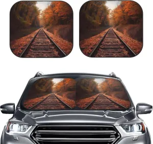 2-Piece Sun Shade Front Windshield Sunshade Autumn Track Windshield Sun Shade Foldable Car Front Sun Visor Protector Windshield Cover for Most car SUV Van Truck