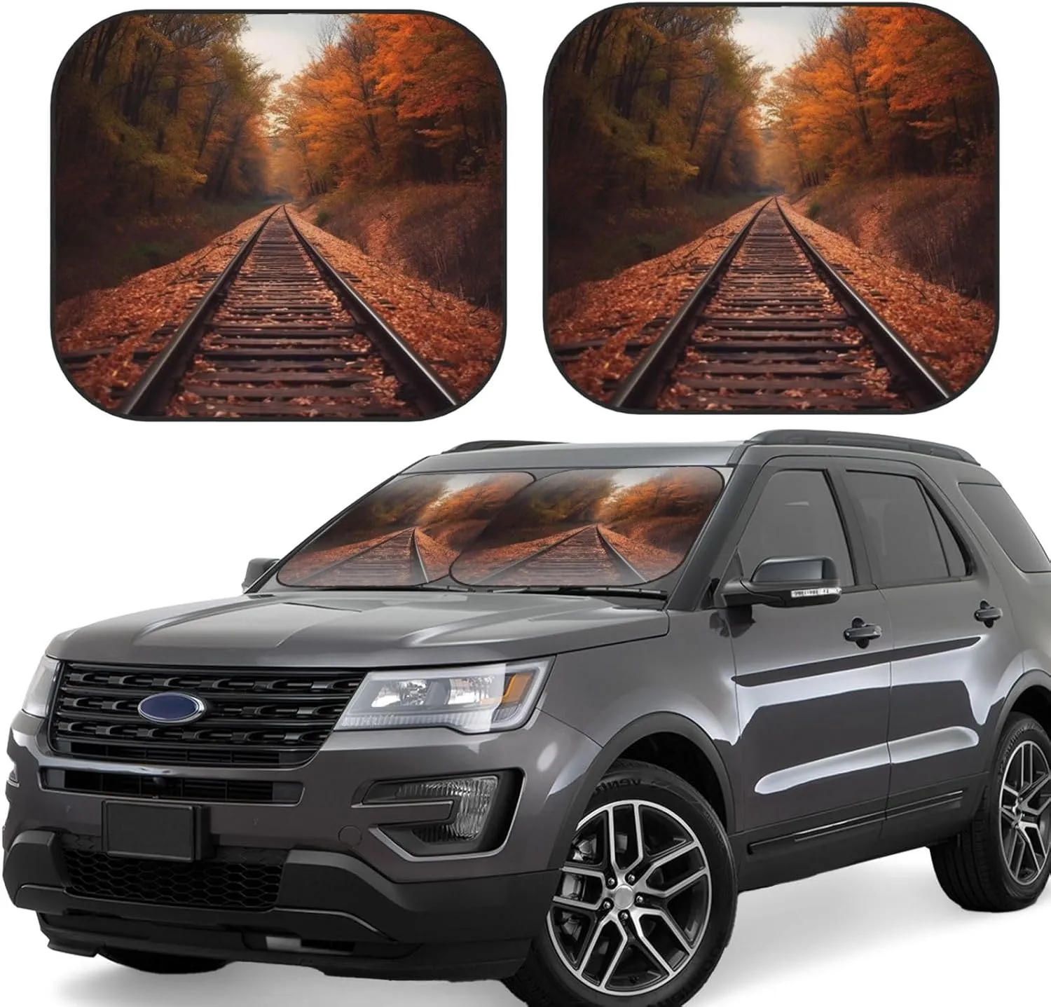 2-Piece Sun Shade Front Windshield Sunshade Autumn Track Windshield Sun Shade Foldable Car Front Sun Visor Protector Windshield Cover for Most car SUV Van Truck