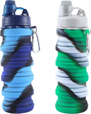 2PCS Blue & Green Collapsible Water Bottles for Adults, Boys, Students, Kids, Reusable BPA Free Silicone Foldable Sports Water Bottles for Travel Camping Hiking, Folding Travel Water Bottles
