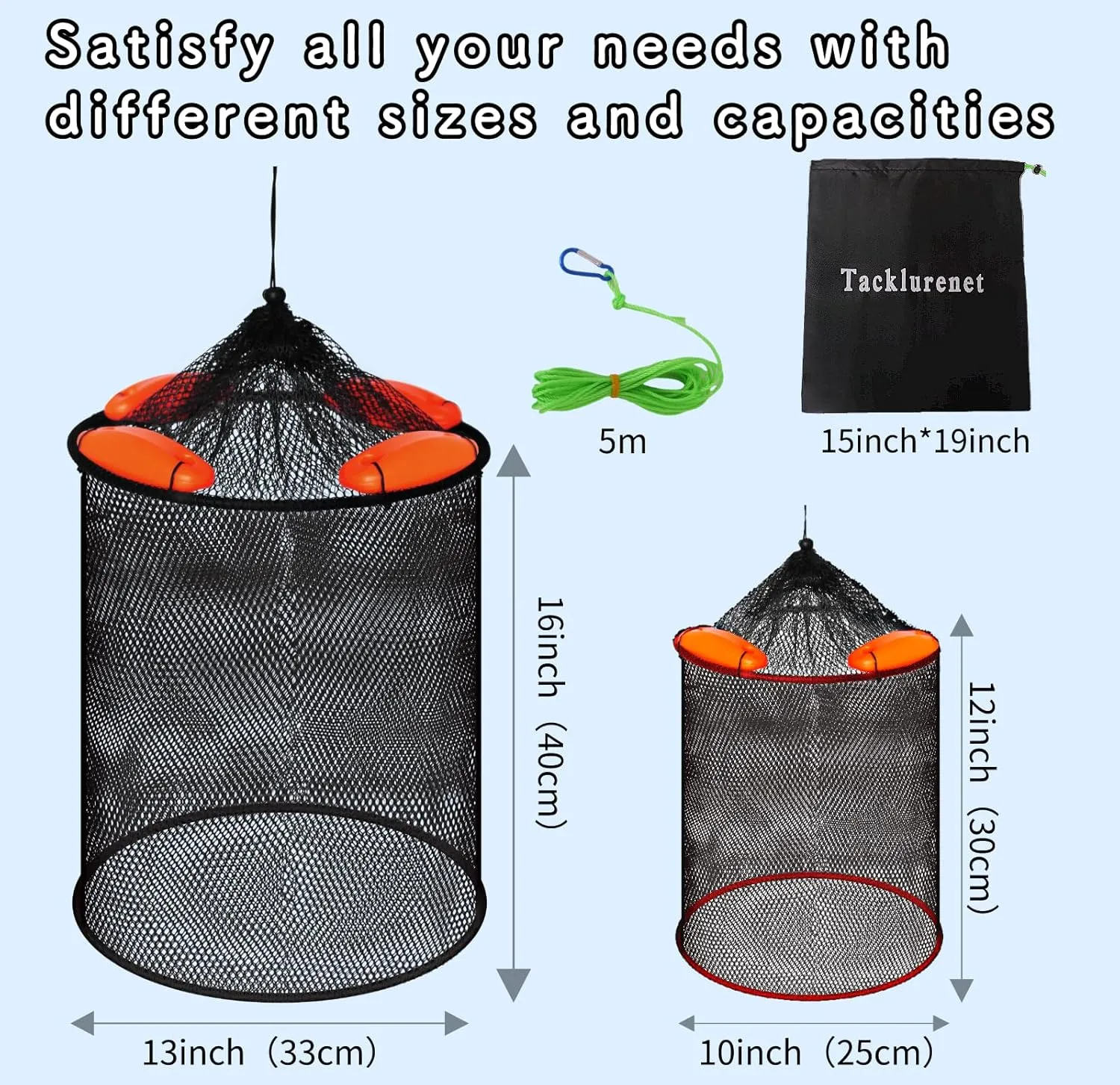 2Pcs Foldable Floating Fish Basket Fishing Basket Live Caught Fish for Kayak Fishing Accessories with Storage Bag Rubber Coated Netting and Nylon Netting Satisfy All Your Needs with Two Sizes