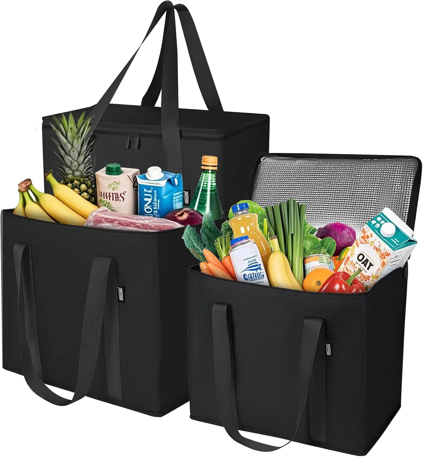 3-Pack, XL Insulated Grocery Bags with Zippered Top, Oxford Fabric Collapsible Cooler Bag for Frozen Food, Heavy Duty Reusable Shopping Bags Collapsible Thermal Tote for Hot Storage （Black）