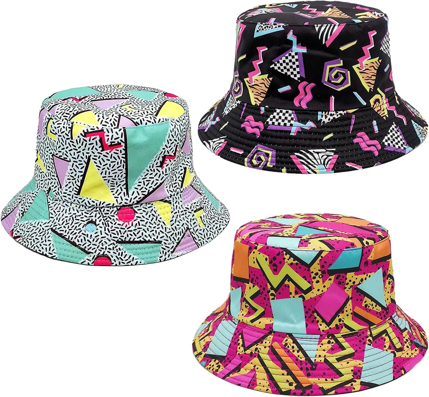 3 Pcs Retro 80s 90s Bucket Hats 3D Print Funny Trucker Hats Retro Hats for Men Women Beach Disco Party Hip Hop Hat Accessories
