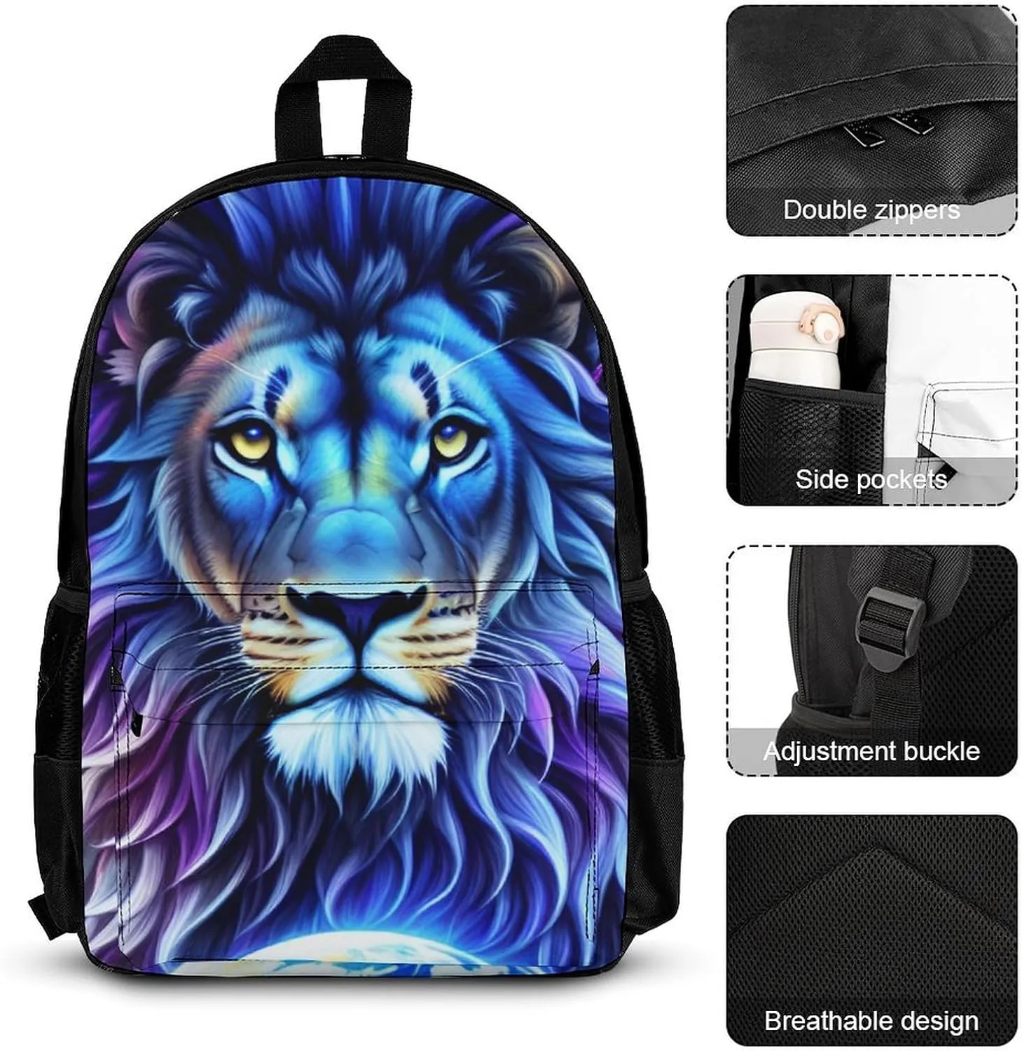 3 Piece Backpack Big Capacity Shoulder Bag Backpack for Outdoors Walking Cycling - Cool Lion In The Universe Surreal Style Art, for Adult