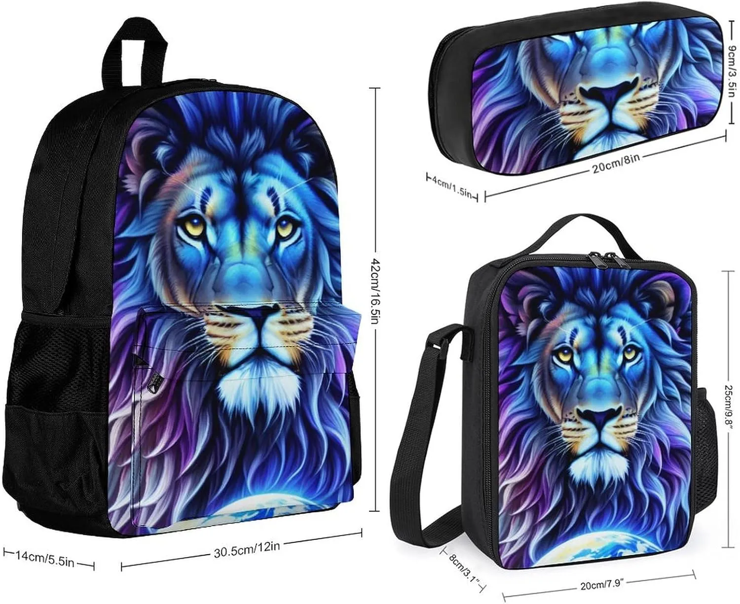 3 Piece Backpack Big Capacity Shoulder Bag Backpack for Outdoors Walking Cycling - Cool Lion In The Universe Surreal Style Art, for Adult