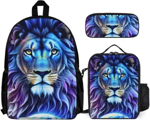3 Piece Backpack Big Capacity Shoulder Bag Backpack for Outdoors Walking Cycling - Cool Lion In The Universe Surreal Style Art, for Adult