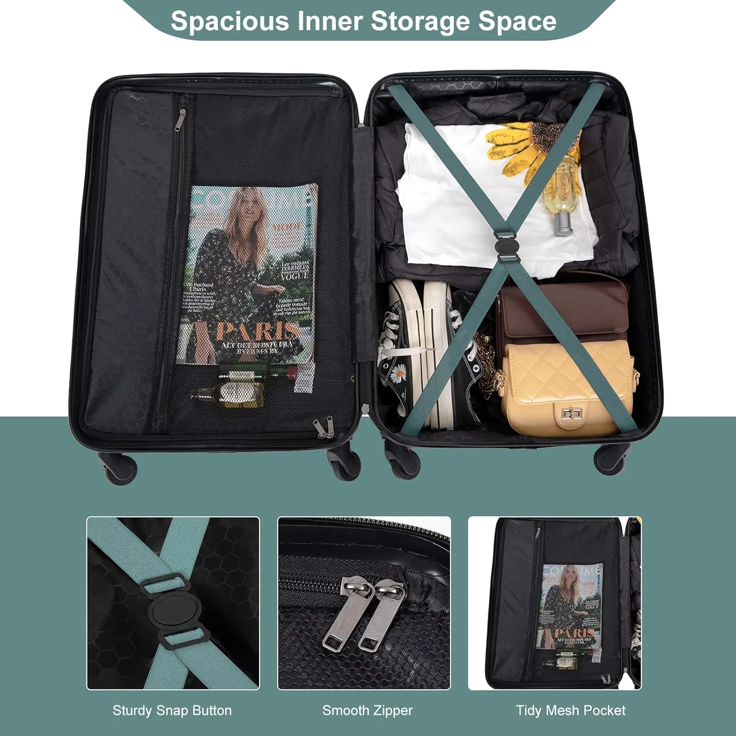 3 Piece Hardshell Luggage Sets Lightweight Suitcase with 2 Hooks, 360 Degree Spinner Wheels, TSA Lock for Travel (20"/24"/28") Green As Shown One Size