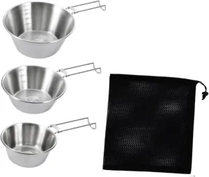 3 Pieces Camping Bowls Set 304 Stainless Steel Sturdy Tableware for Travel BBQ Hiking- Folding Handle