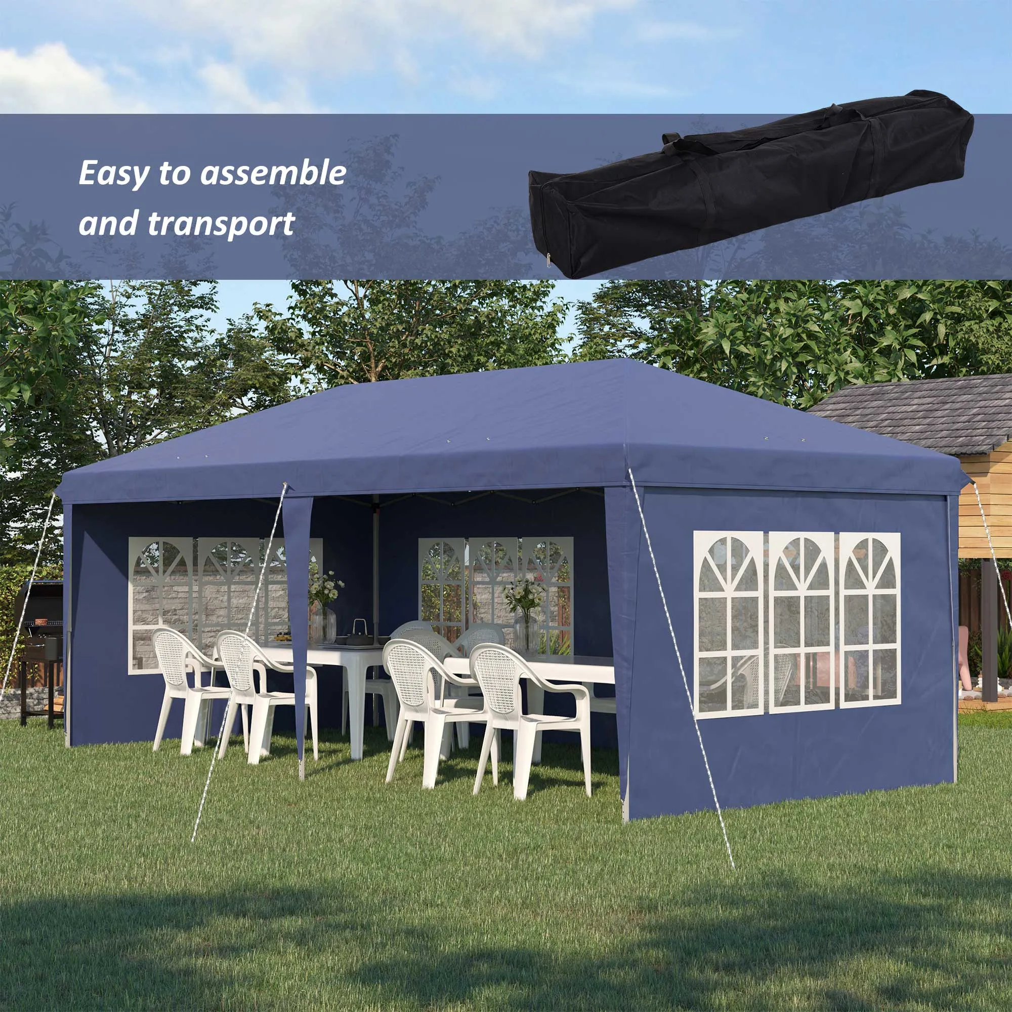 3 x 6m Garden Pop Up Gazebo, Height Adjustable Marquee Party Tent with Sidewalls, Storage Bag, Blue