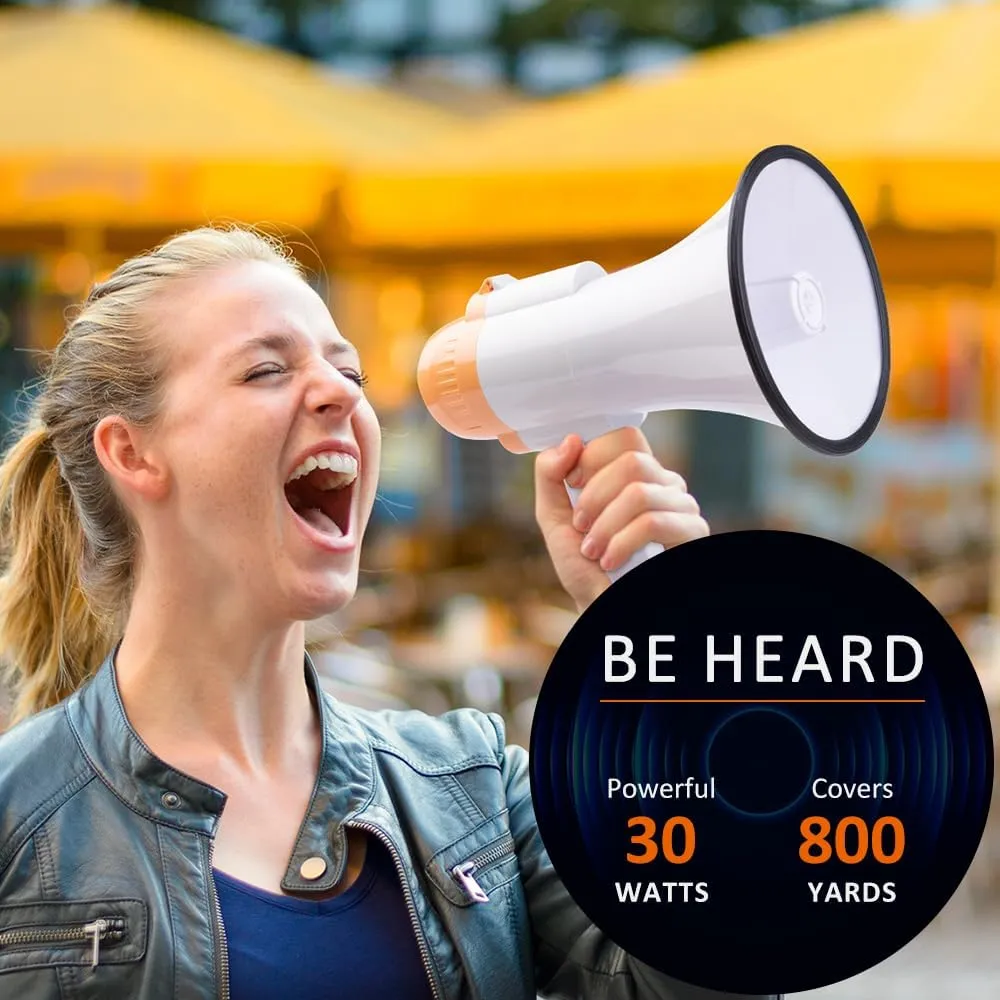 30 Watt Power Portable Megaphone Bullhorn Speaker Voice, Siren/Alarm and 240S Recording with Volume Control and Strap