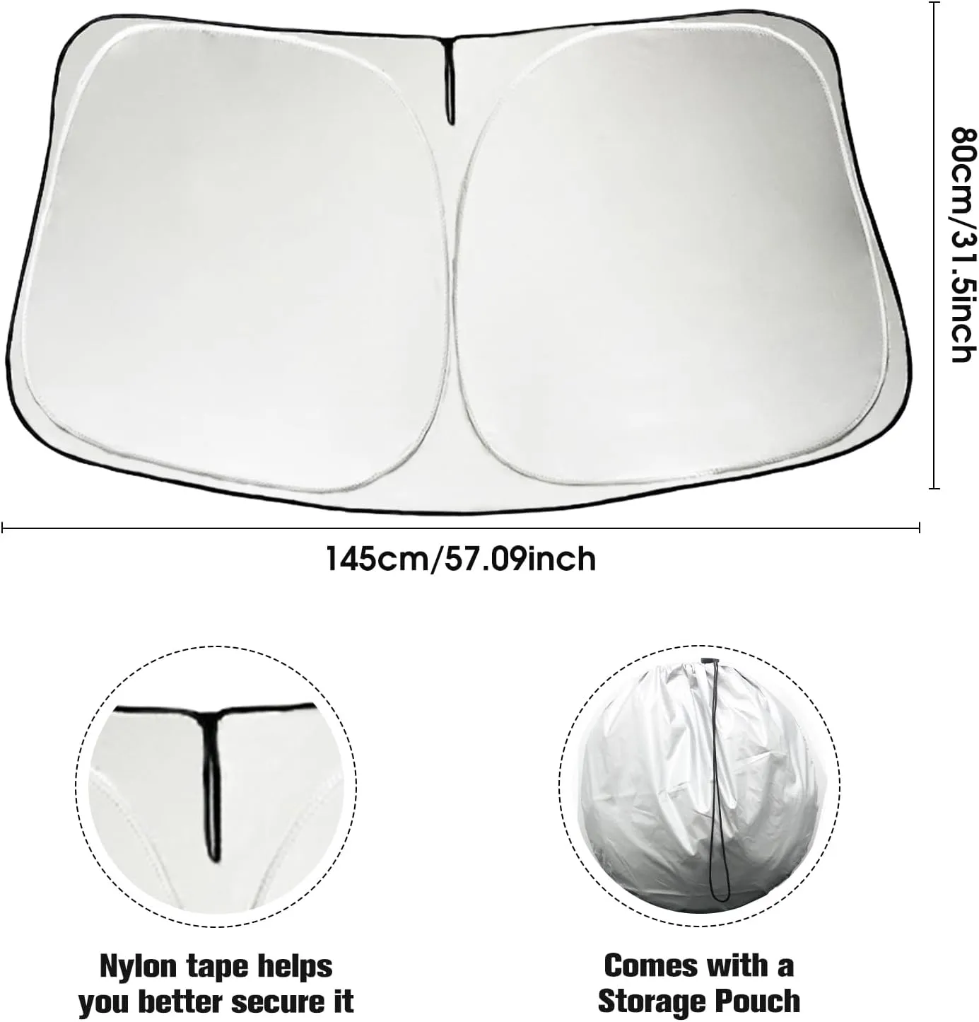 300t Thickened Windshield Sun Shade, Car Sun Shade Updated Version No-Light-Pass Technology for Keep Interior Cool, Sunshade for Car Windshield Fits Cars, Trucks, and SUVs（M, 57 * 31in）