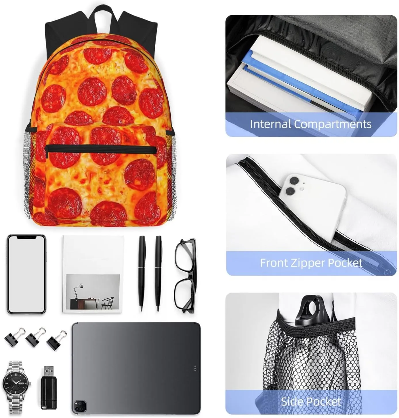 3d Pizza Pepperoni Print Backpack For Men And Women Lightweight Backpack Casual Daypack For Workplace Travel