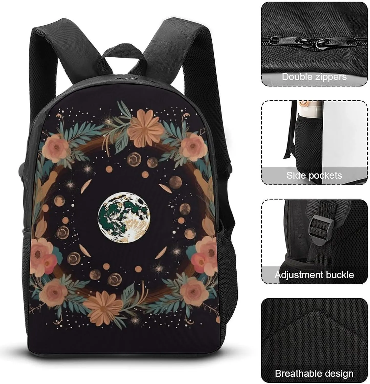 3PCS Astrology Plant Moon Phase Flower Backpack Set, 17 Inch Backpack with Portable Lunch Bag And Pencil Case for Work/Picnic/Travel